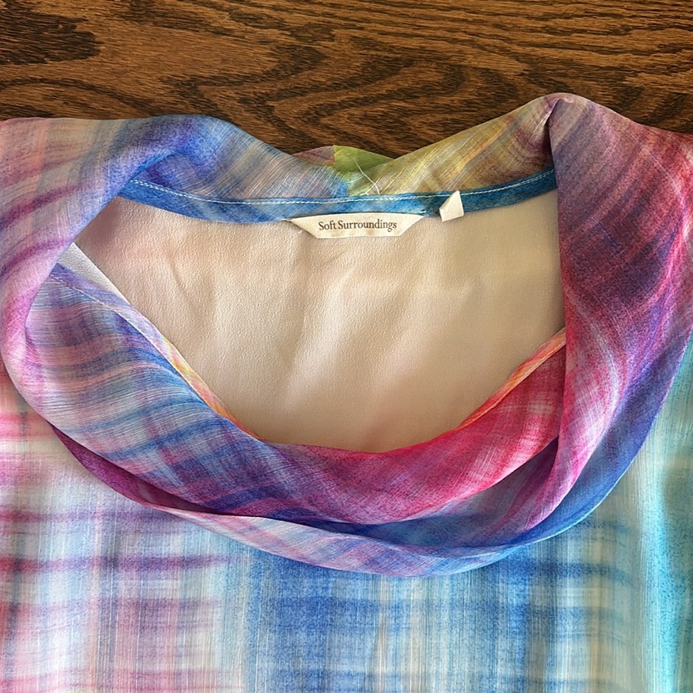 Soft Surroundings Carnevale Multi Plaid Maxi Dress Cowl Neck Pink Yellow Blue L - Picture 9 of 14